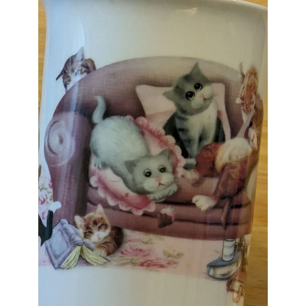 Summer River Cats Mug Cup On Couch Lounging Playful Kittens Pastel Colors Cute - Picture 7 of 8